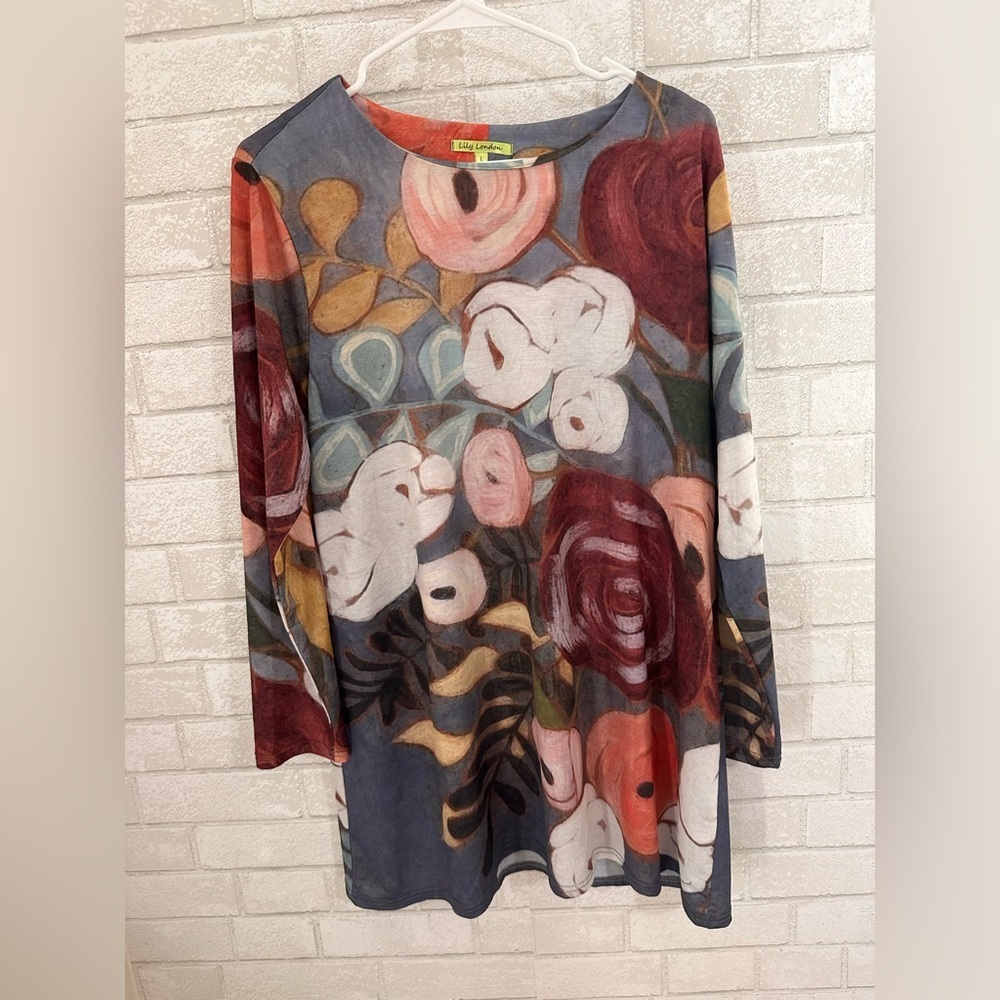 Lily London floral vibrant abstract print long sleeve tunic top Size Large #1997